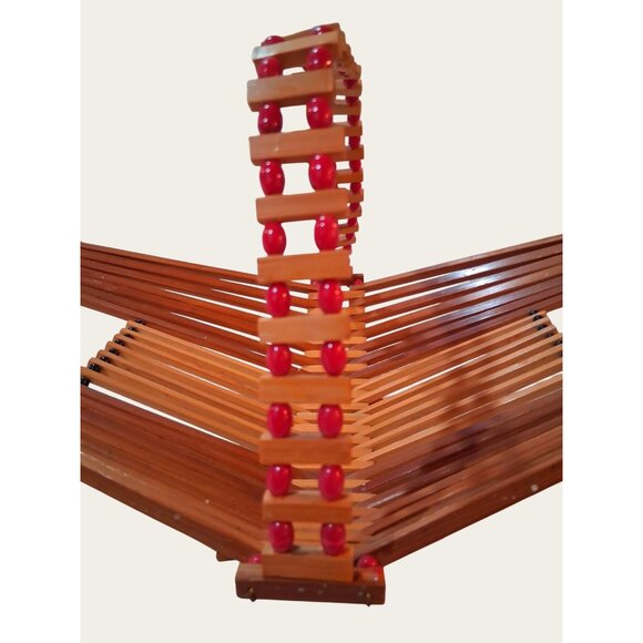 Collapsible Wooden Fruit Basket MCM Red Beads Accents Vintage Teak Wood - Picture 2 of 12